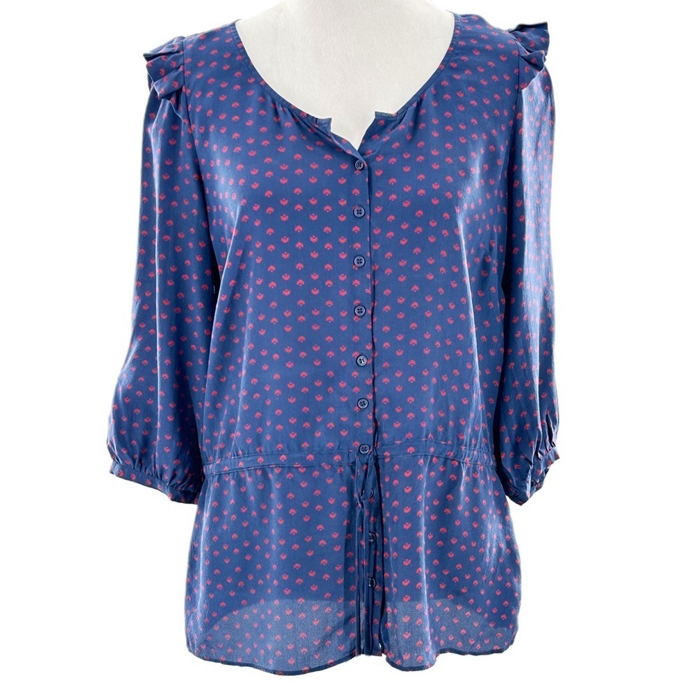 Petticoat Alley top S blue red 100% silk ruffle button down statement sleeves